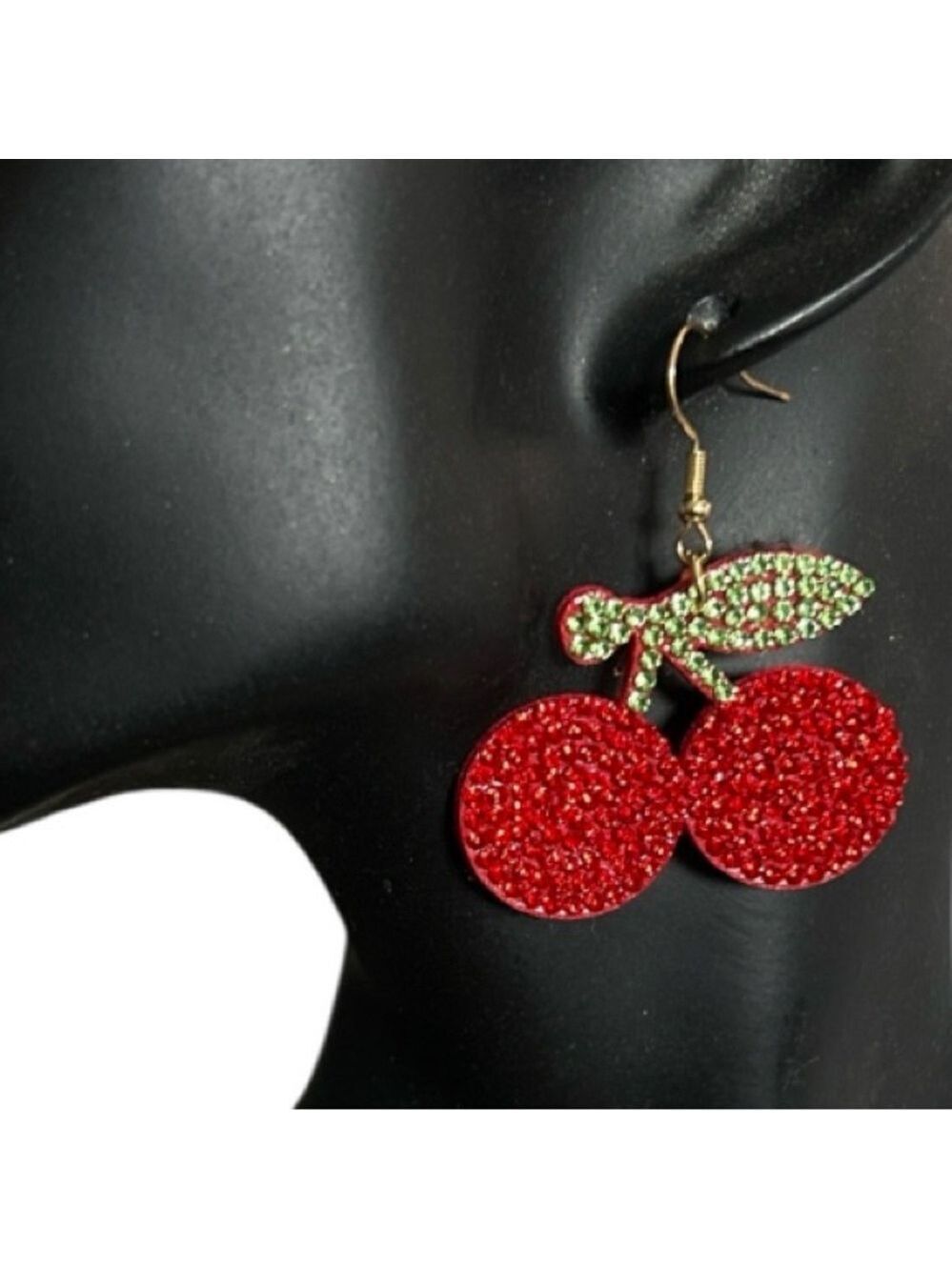 Ruby Red Rhinestone Encrusted Cherry Pierced Earrings - Picture 2 of 5